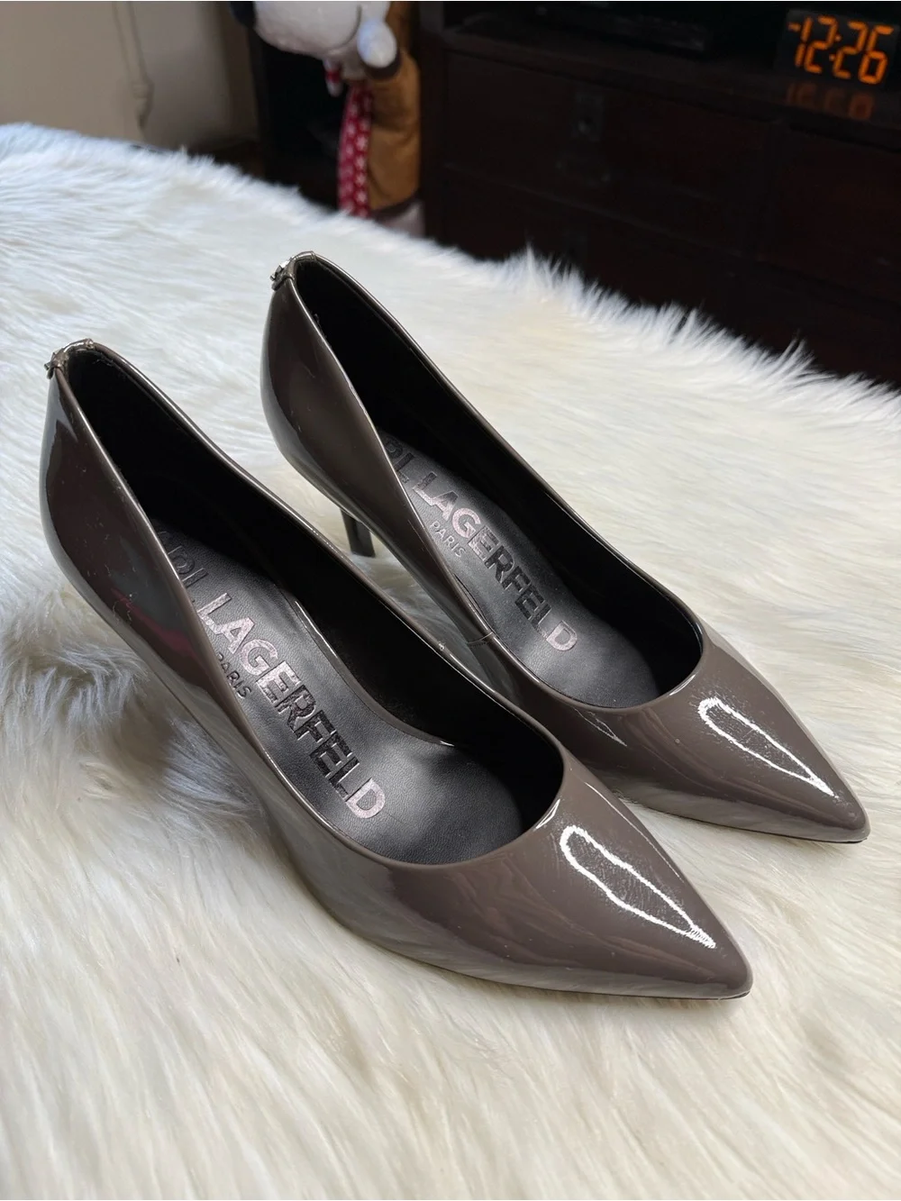 Karl Lagerfeld Paris Royale Patent Leather Anthracite Gray Heels